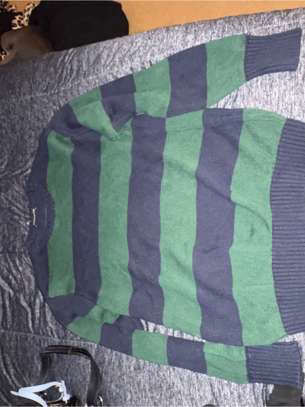 Women’s Green and Navy Stripe Crewneck Sweater